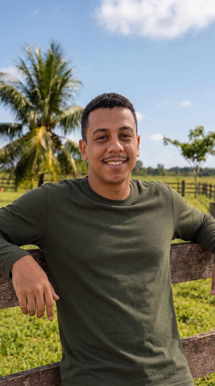 Jão apoiado na cerca de madeira, no campo